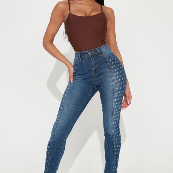 Fashion Nova Denim - Rip It Up High Rise Skinny Jeans - Medium Blue Wash Size 7